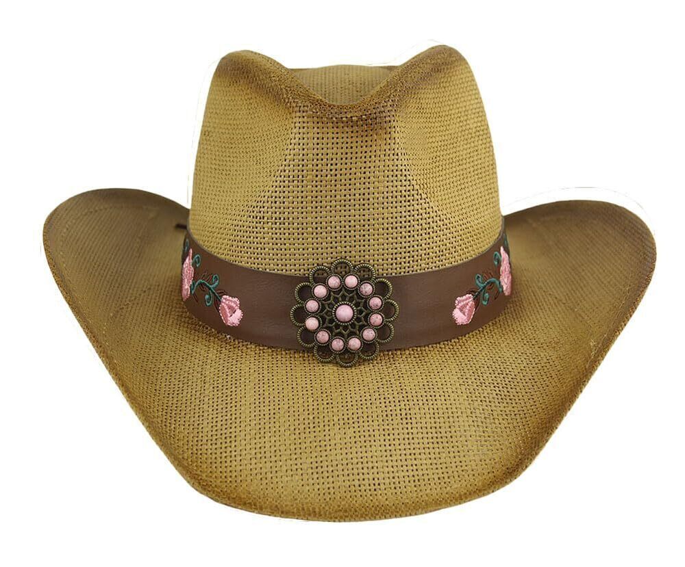 6713 & Western Style Cowboy/Cowgirl Straw Hat Brown-Rose